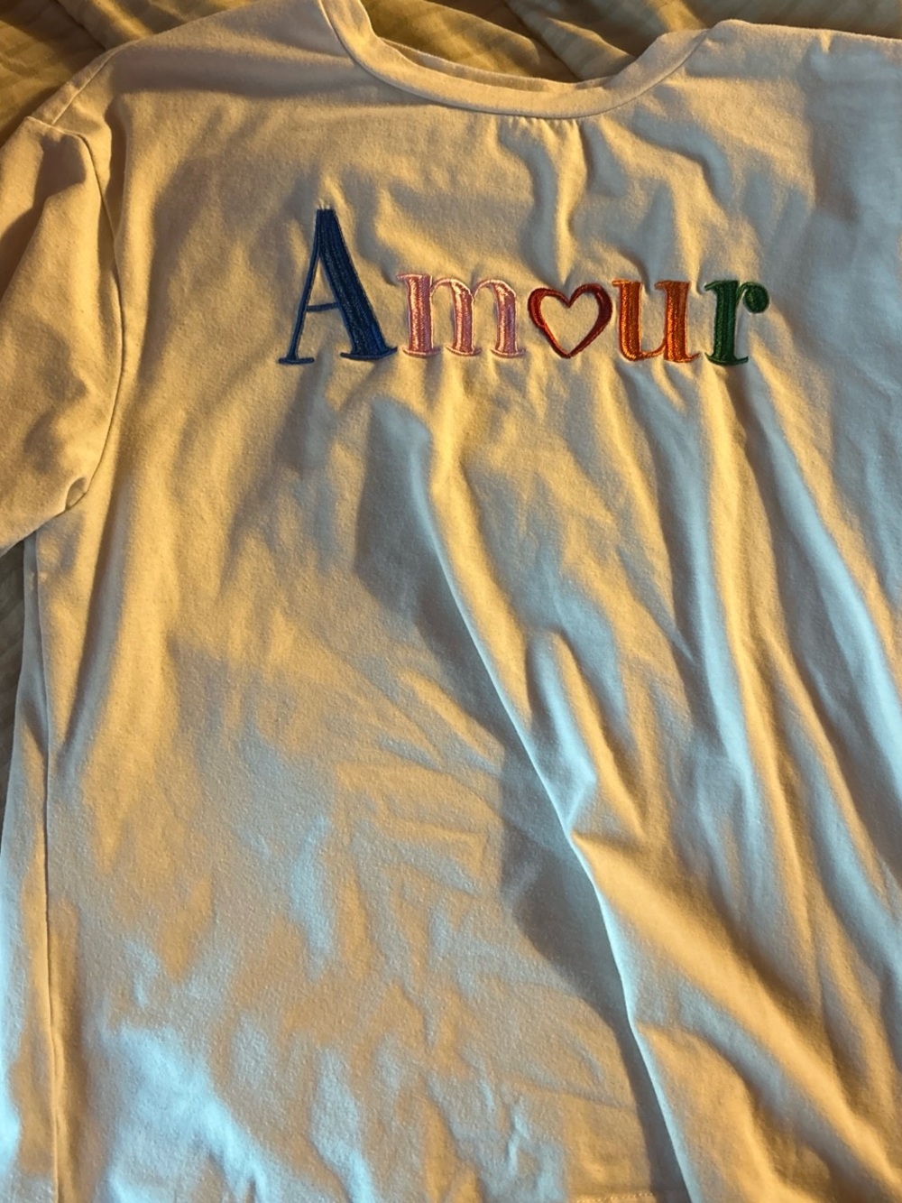 SHEIN White Short Sleeve Tee with Multicolor 'Amour' Embroidery